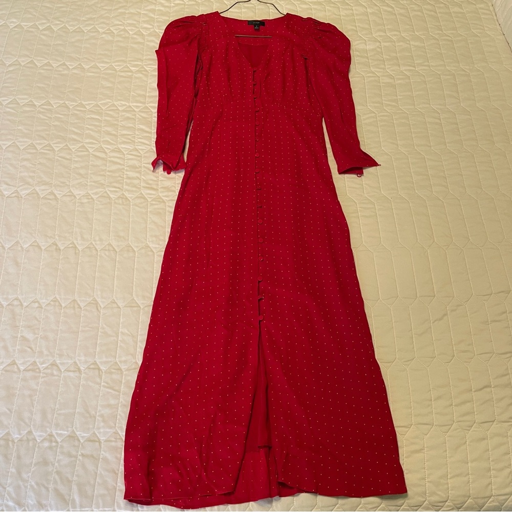 J Crew Puff Ruffled Sleeve Pin Dot Midi Dress Size 0 - Picture 2 of 7